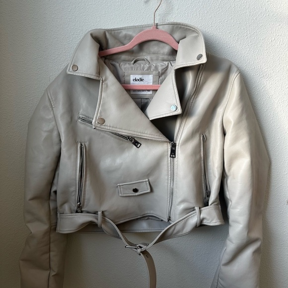 Elodie Cream Faux Leather Moto Jacket XL Cropped Biker Zip Belted - Picture 2 of 11